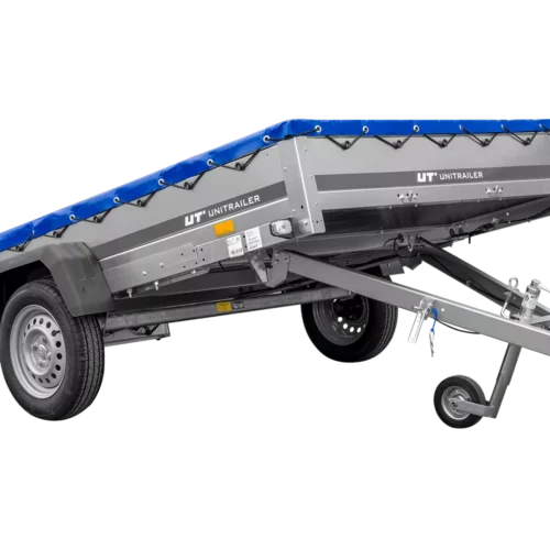 Einachsanhänger 264×150 UNITRAILER GARDEN 265 KIPP mit einem Flachplanenträger und blauer Plane-Neu